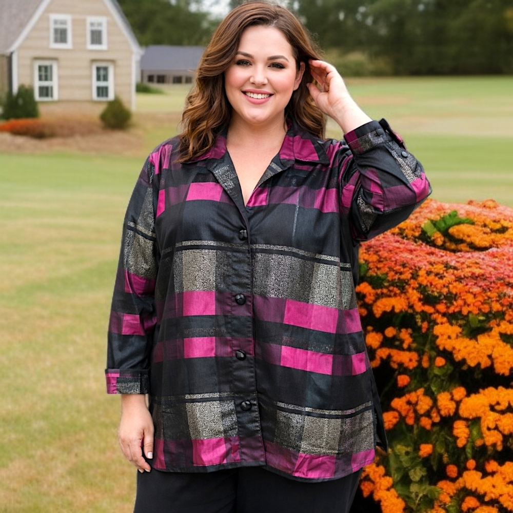 Drapers & Damons Metallic Plaid Top‎ 3X Plus Size Satin Evening Button Up Front